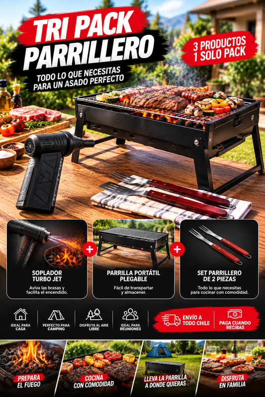 Tri - Pack Parrillero SOPLADOR+PARRILLA+SET